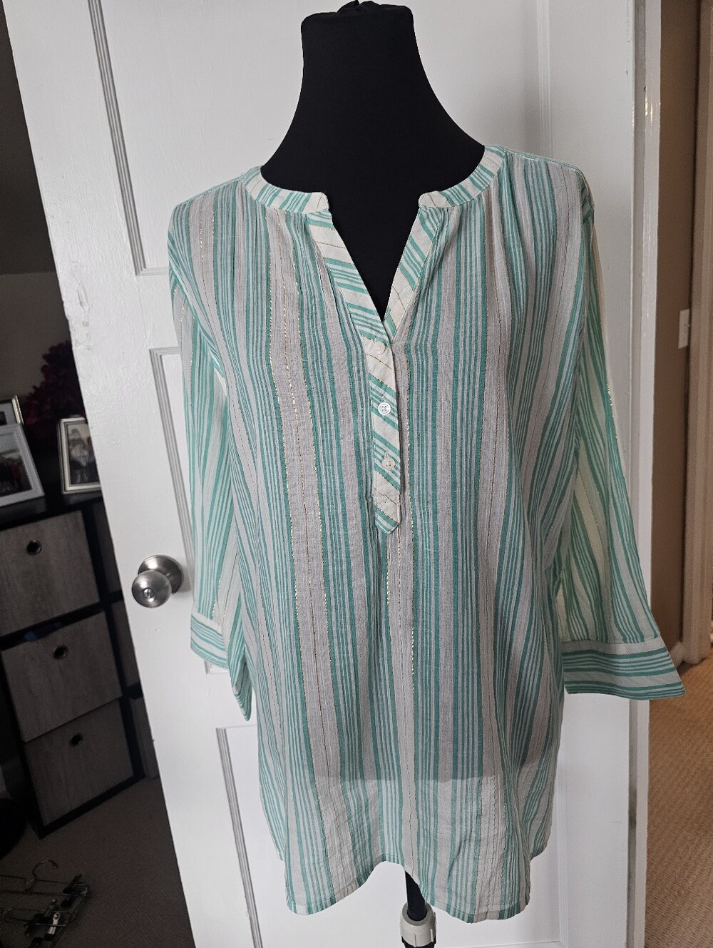 St. John's Bay Mint & White Striped Cotton Gauze Tunic Blouse